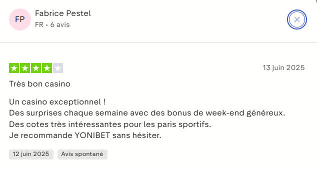 Avis sur le casino Yonibet - note 5 étoiles